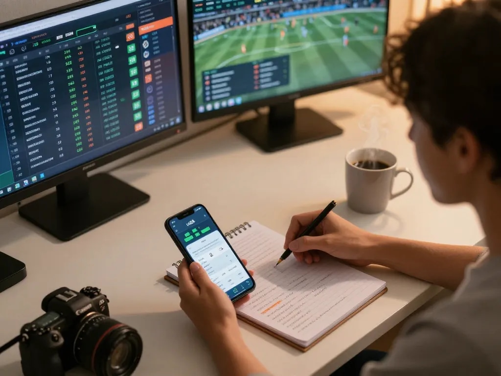 Engaging scene of a sports betting setup on uu88 app, person analyzing live odds on multiple screens.