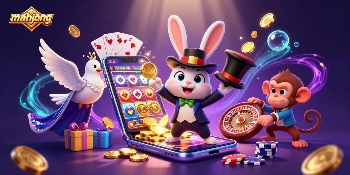 Engaging mahjong-themed illustration with a magician pulling coins, monkey with poker chips, and mobile slot action.