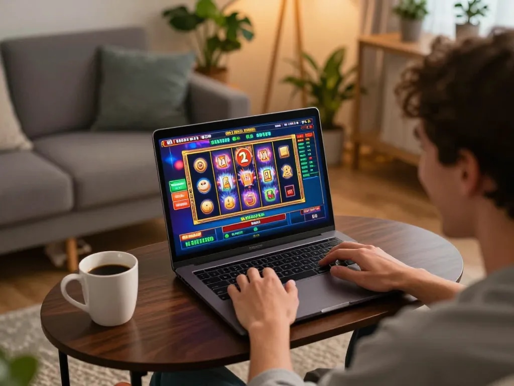 Excited player engaging in an online slot game using laptop, showcasing vibrant gaming interface with link slot