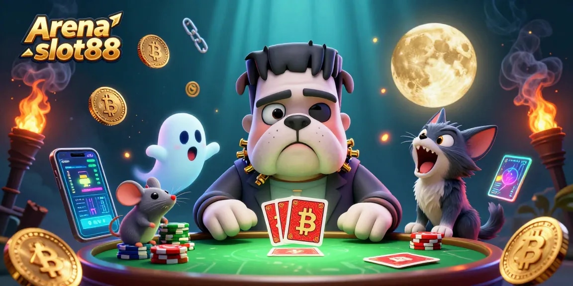Gambarkan pengalaman bermain di Arena slot88 dengan monster bulldog dan kucing serigala dalam suasana misterius.