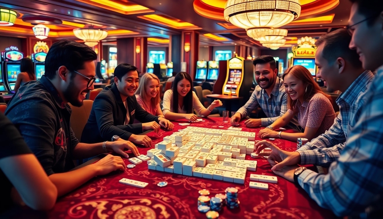 Players enjoying a thrilling game of link mahjong at a luxurious casino table filled with chips.