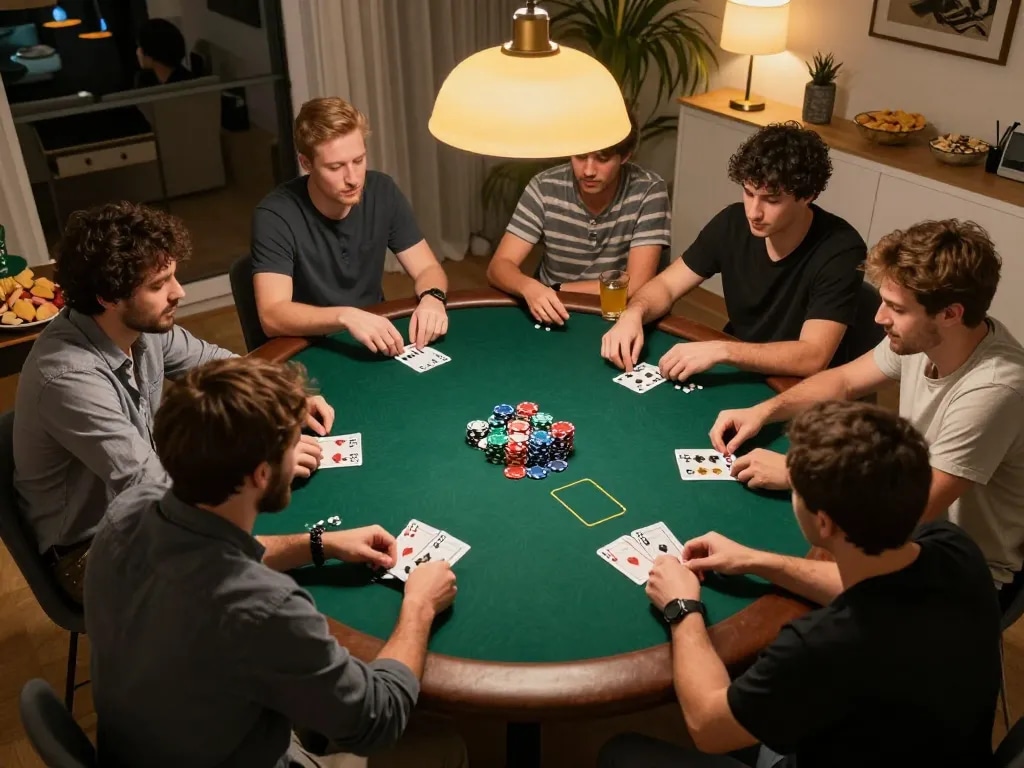 Friends enjoying a competitive poker game night, capturing social gaming atmosphere with kp88 com strategies visible.