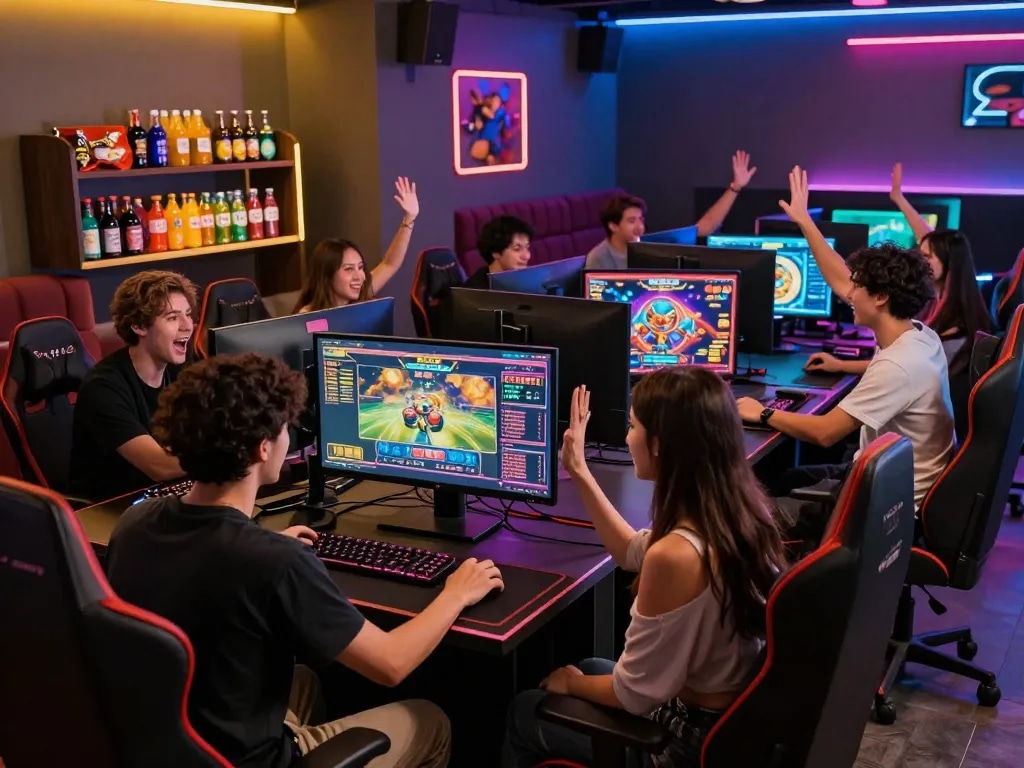 Group enjoying go88 gaming experience in a modern lounge with vibrant screens and LED lights.