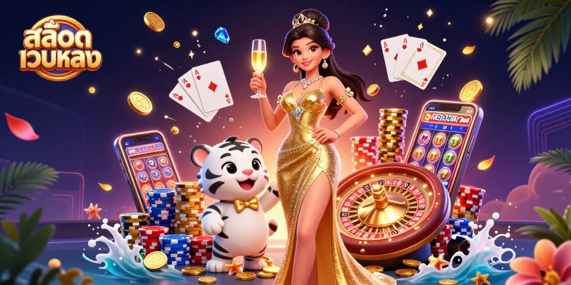 Engage with สล็อตเว็บตรง experience, featuring a glamorous lady and lucky tiger amidst dazzling casino elements.