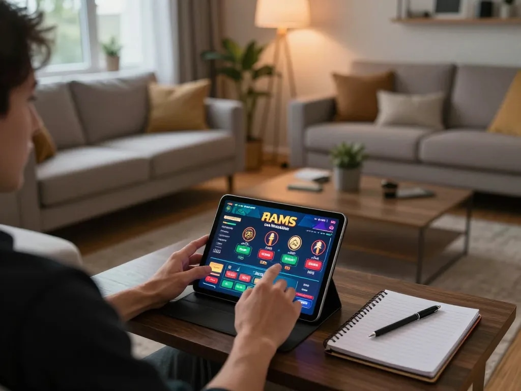 Player enjoying casino non AAMS con Neteller on tablet, comfortable home gaming setup