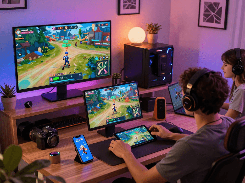 Exciting adult game scene showcasing immersive gameplay, diverse characters, and user-friendly devices in a cozy gaming environment.
