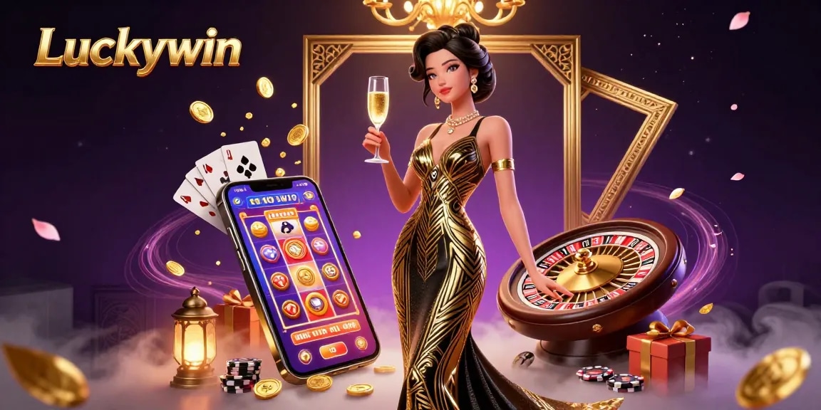 Experience the thrills of Luckywin with this stunning illustration of elegant Asian woman in a glamorous casino setting.