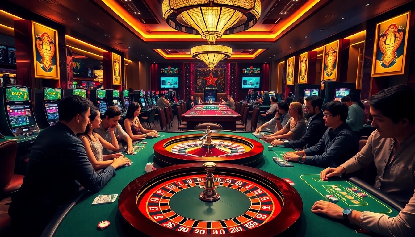 Experience thrilling wins at RR88 as gamblers engage with dazzling casino games in a vibrant setting.