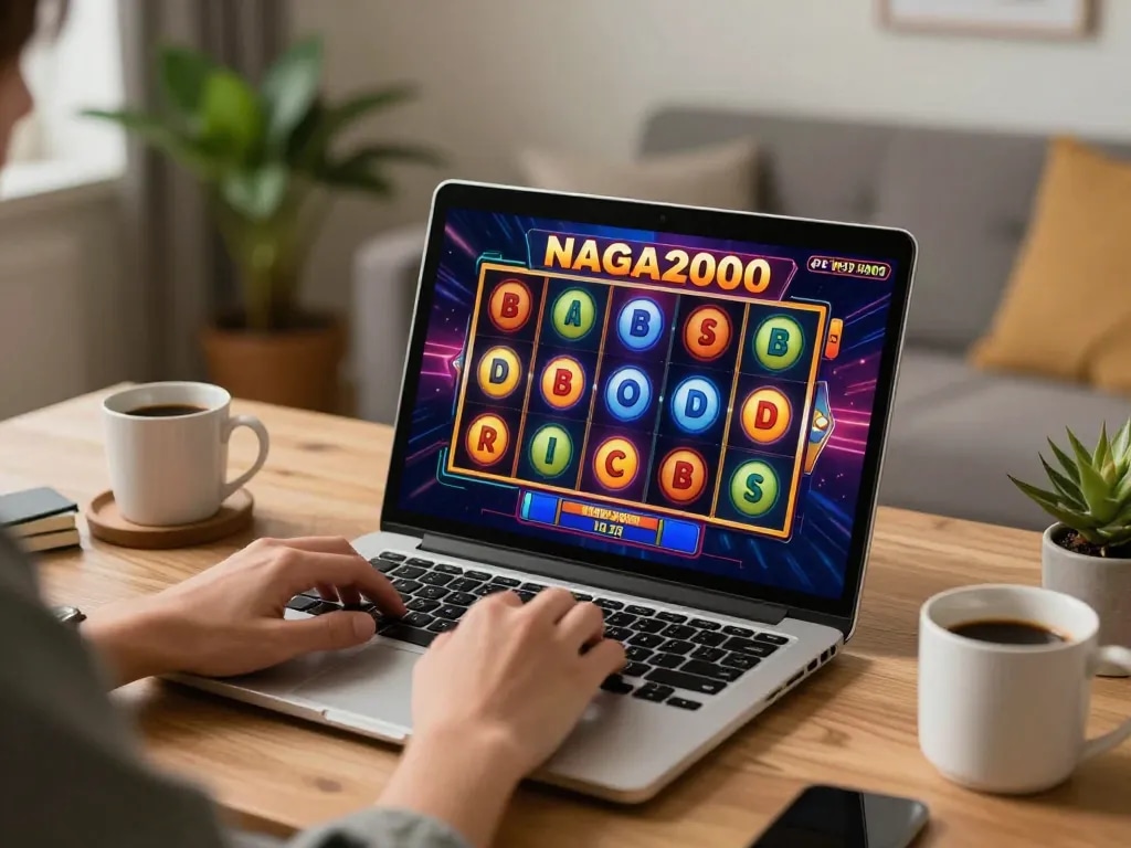 NAGA2000 online gaming action with colorful slots spinning on a laptop in a cozy home office