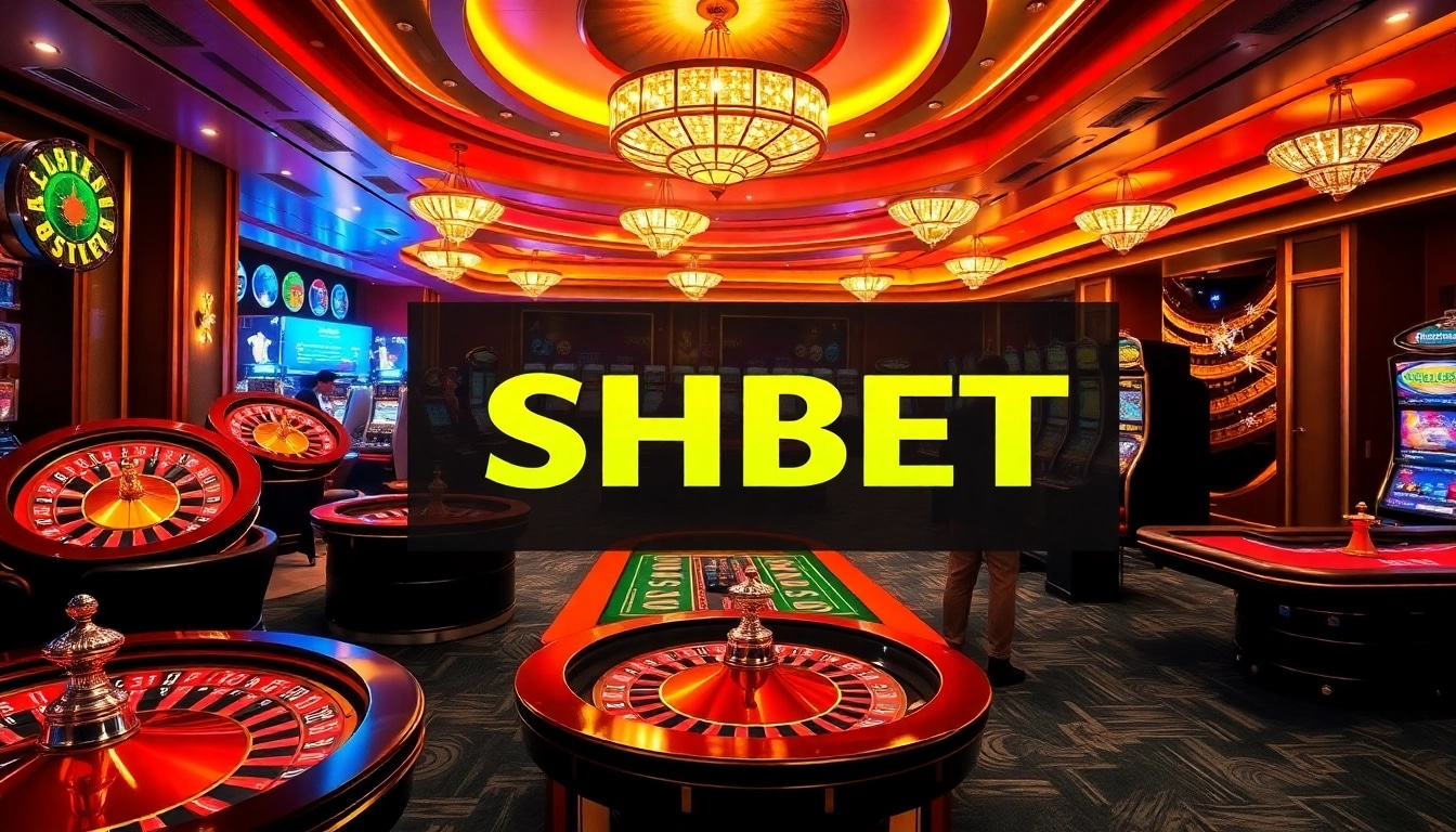 Engage in thrilling gameplay at SHBET's luxurious casino featuring vibrant tables and slot machines.