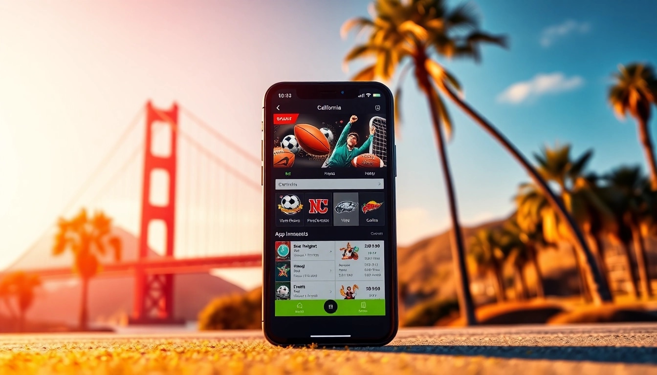 Explore sports betting apps California on smartphone against iconic California landmarks.