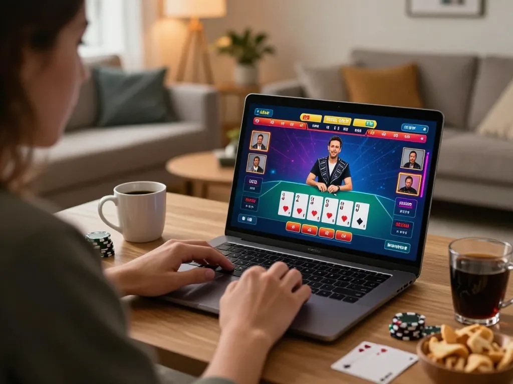 Player enjoying an MM99 live dealer blackjack game at home, highlighting interactive online gambling experience