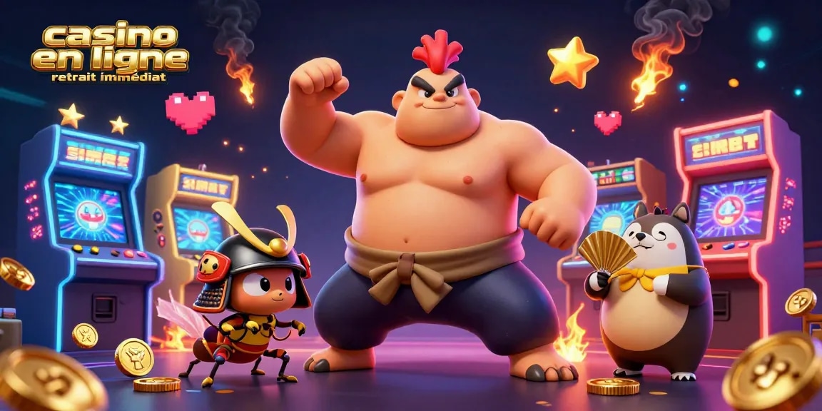 Illustration dynamique de casino en ligne retrait immédiat avec un sumo et un samouraï, éléments de jeu colorés.