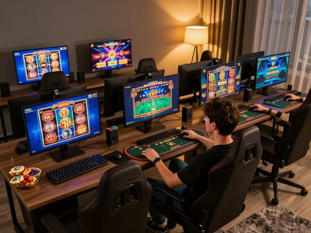 A player enjoying online slots at home using mm88, with multiple screens displaying engaging casino graphics and a cozy atmosphere.