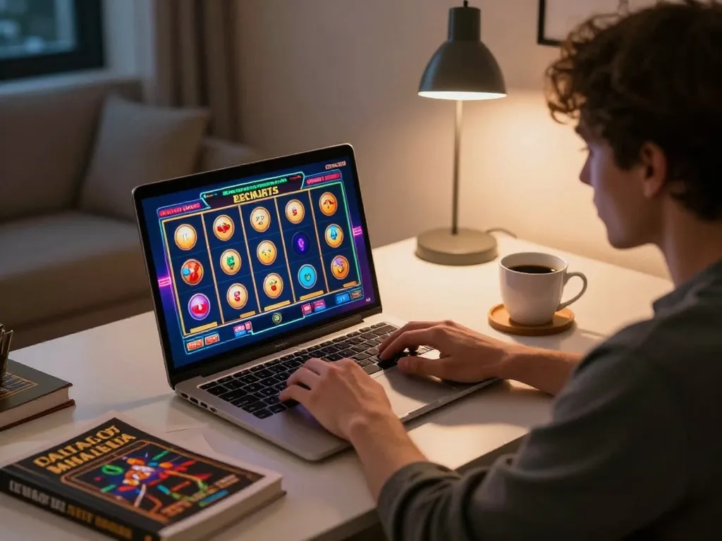 Engaging in online gambling with f168 on a laptop, showcasing vibrant slot game action.
