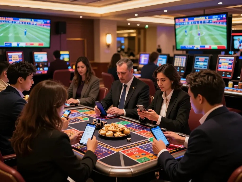 N188 casino sports betting area filled with enthusiastic bettors analyzing odds in a lively atmosphere.