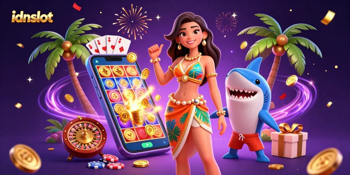Win big with idnslot in a vibrant scene featuring a glamorous woman and surfer shark celebrating casino thrills.