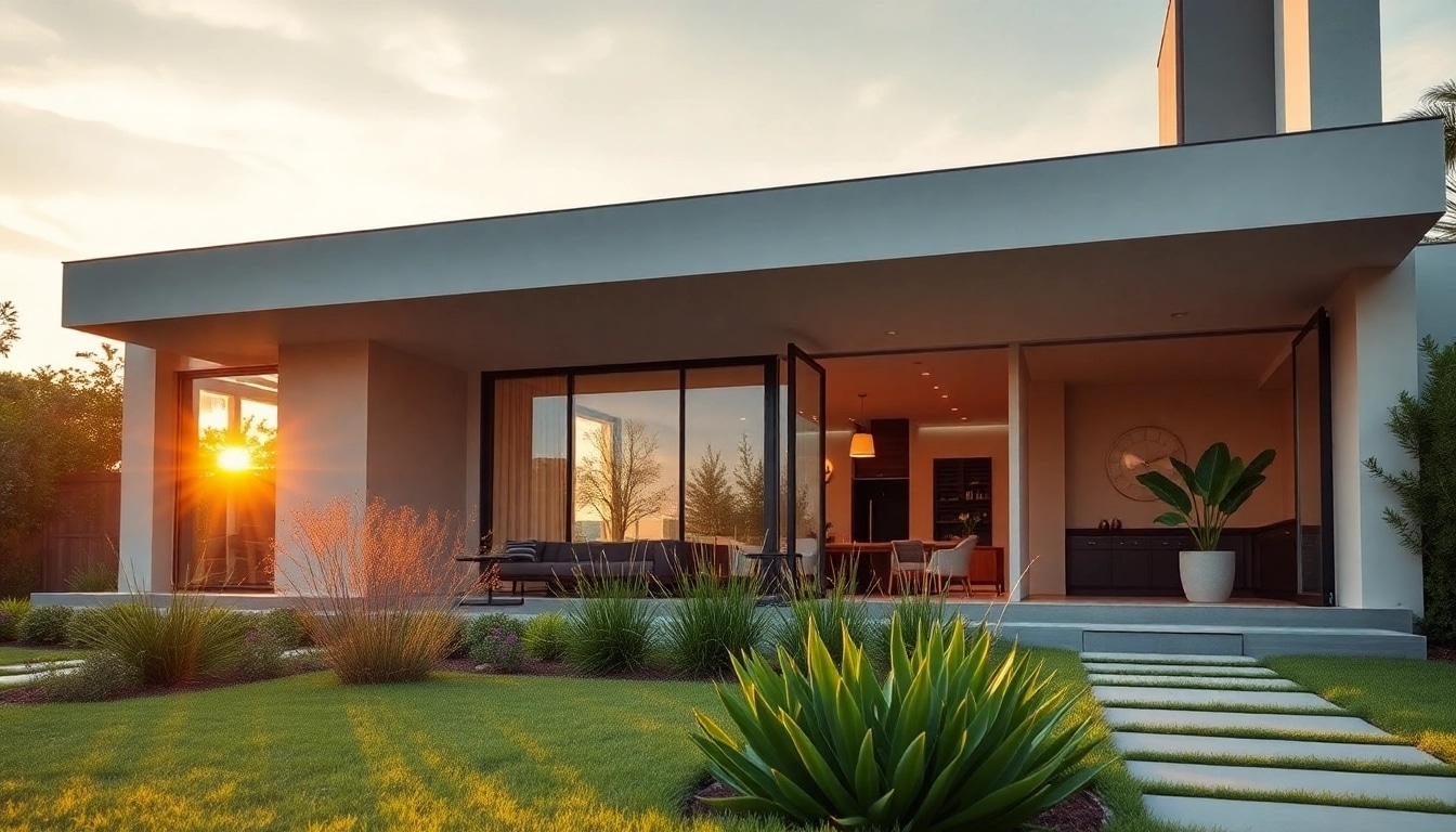 A stunning design representing Custom residential architecture services, featuring a stylish home against a sunset backdrop.
