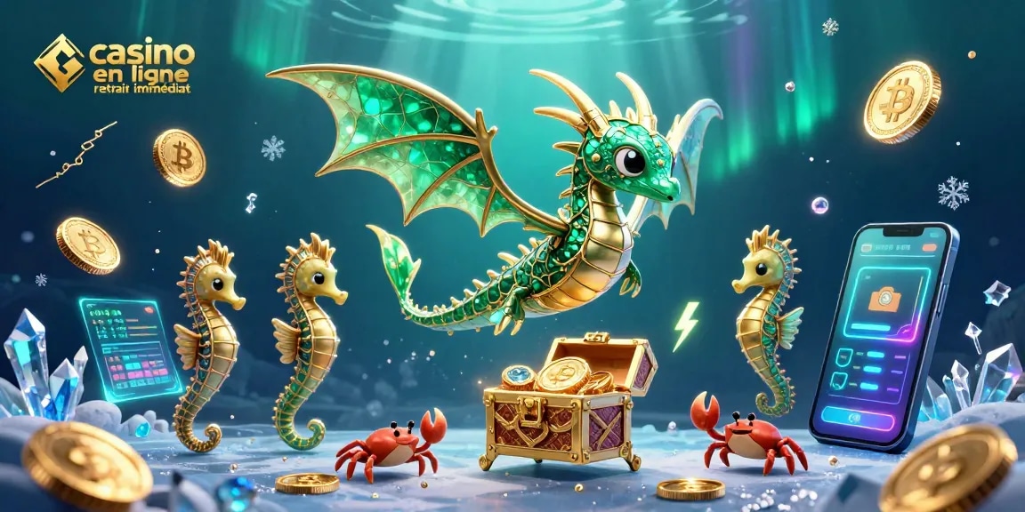 Retirez vos gains rapidement avec le casino en ligne retrait immédiat, illustré dans une scène dynamique de dragons et de pièces de crypto.