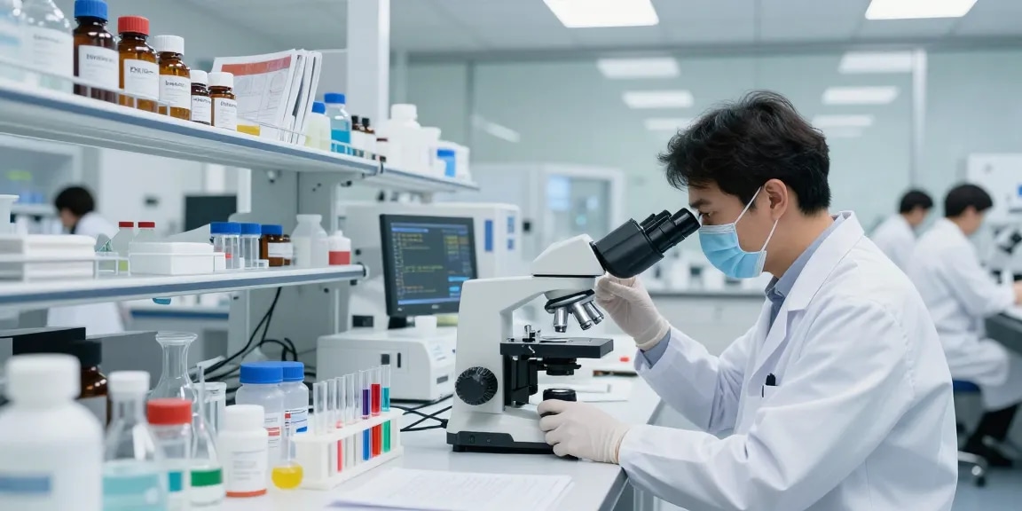 SwissChems researcher analyzing high-purity peptides in a modern lab