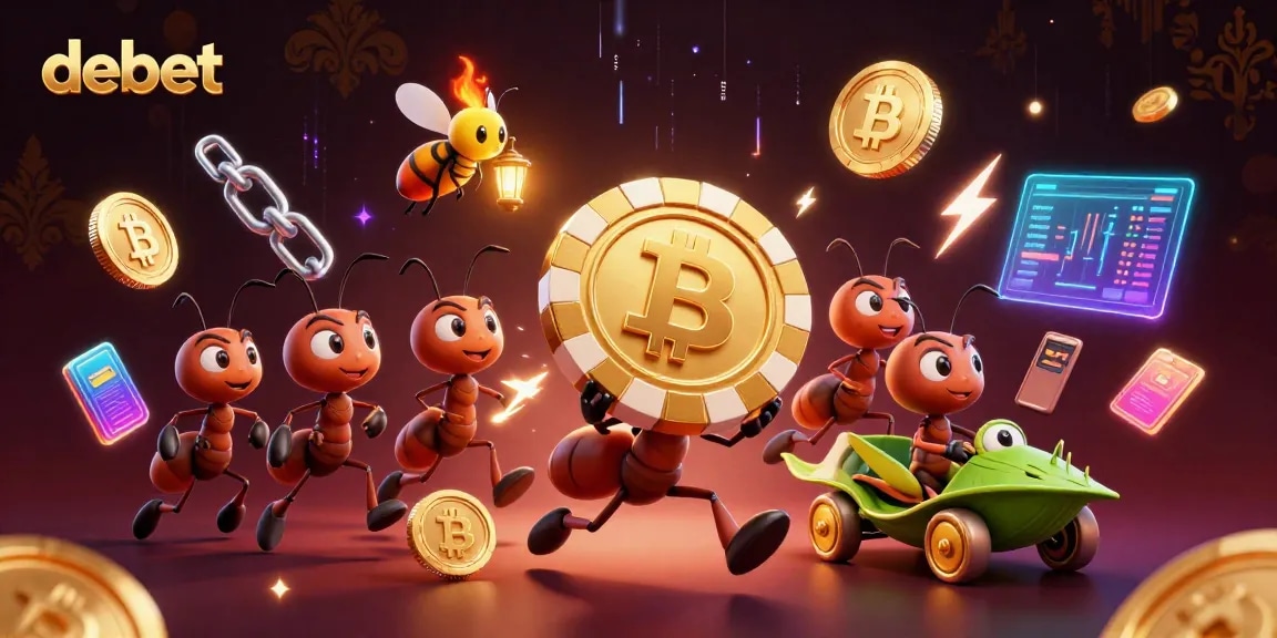 Engage in thrilling bets at debet with ants heisting a giant poker chip amidst glowing crypto elements.