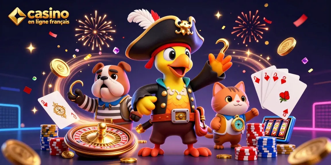 Animations de jeux captivantes sur un casino en ligne français avec personnages colorés, jetons et cartes.