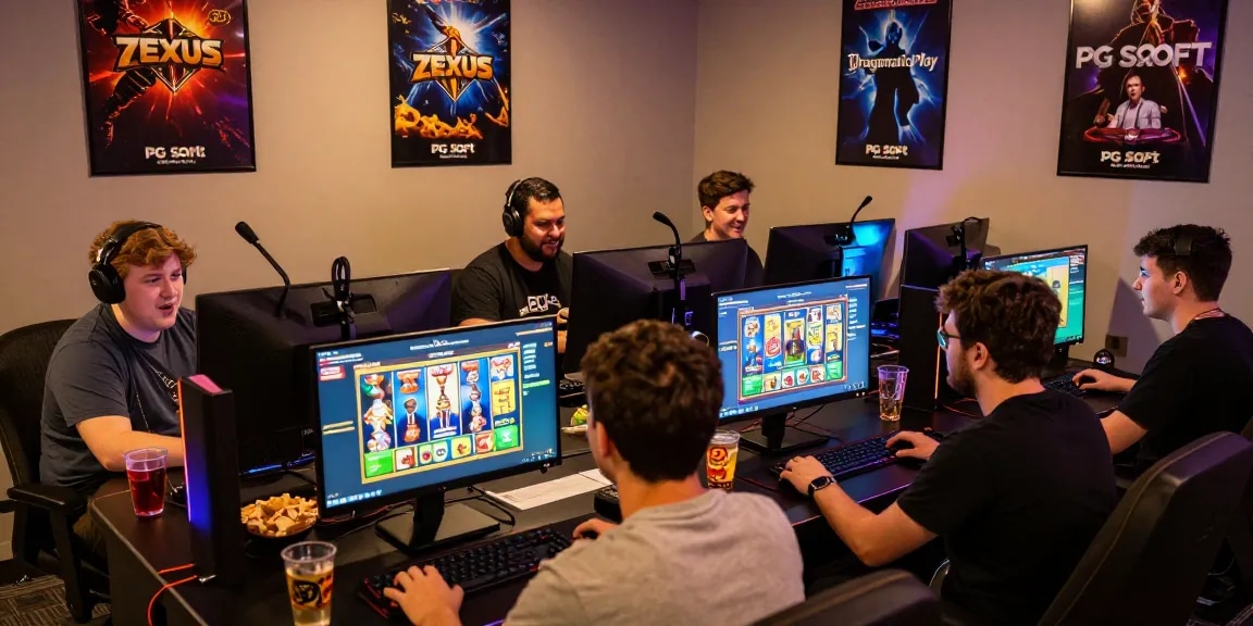 Players enjoying the slot zeus game in an exciting gaming environment with vibrant screens and snacks.