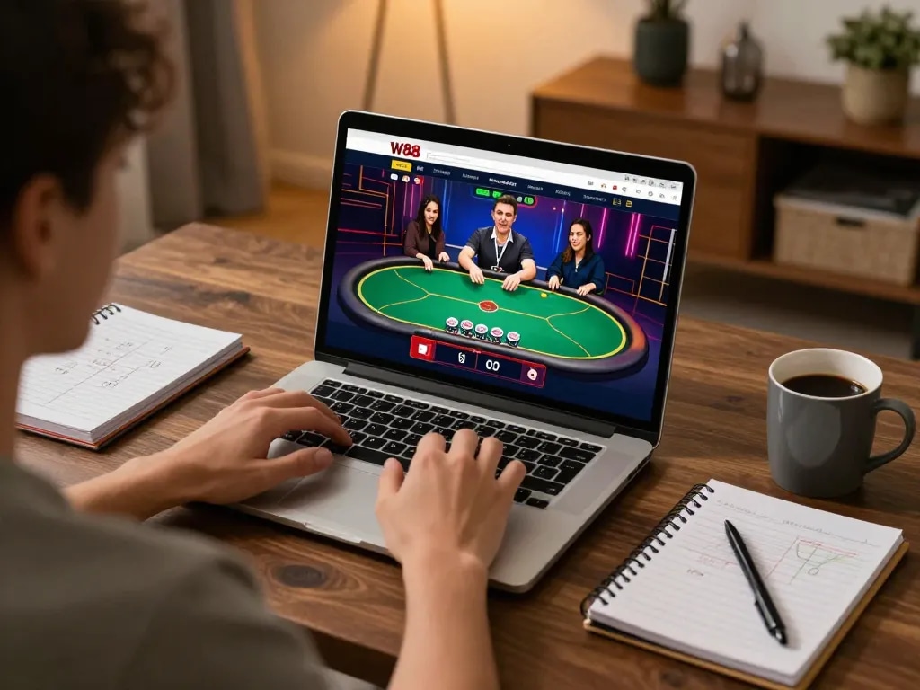 Player engages with w 88 casino interface on laptop, showcasing vibrant poker gameplay in a cozy home setting