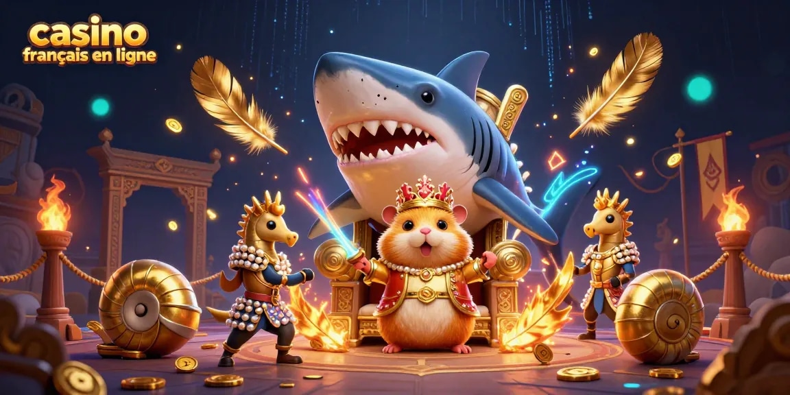Illustration de casino français en ligne avec roi hamster sur trône, gardes hippocampes et jeux d'argent