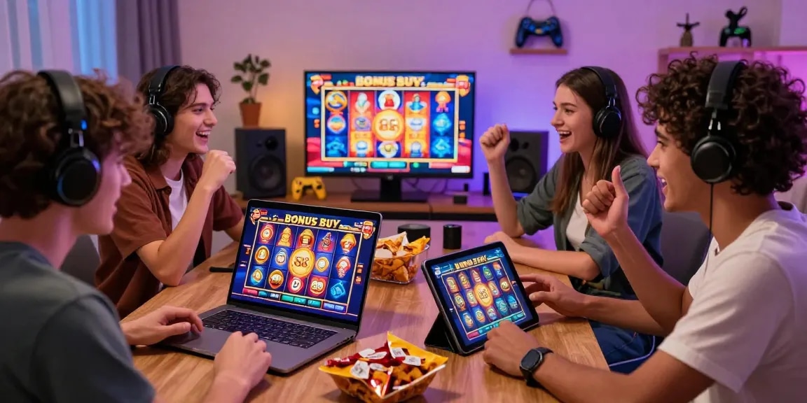 Bonus Buy slots at https://trustresearch.org.uk/ with players enjoying engaging gameplay at home, lively atmosphere and colorful visuals.