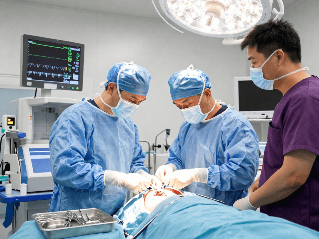 Surgeon performing bel fıtığı ameliyatı in a high-tech operating room