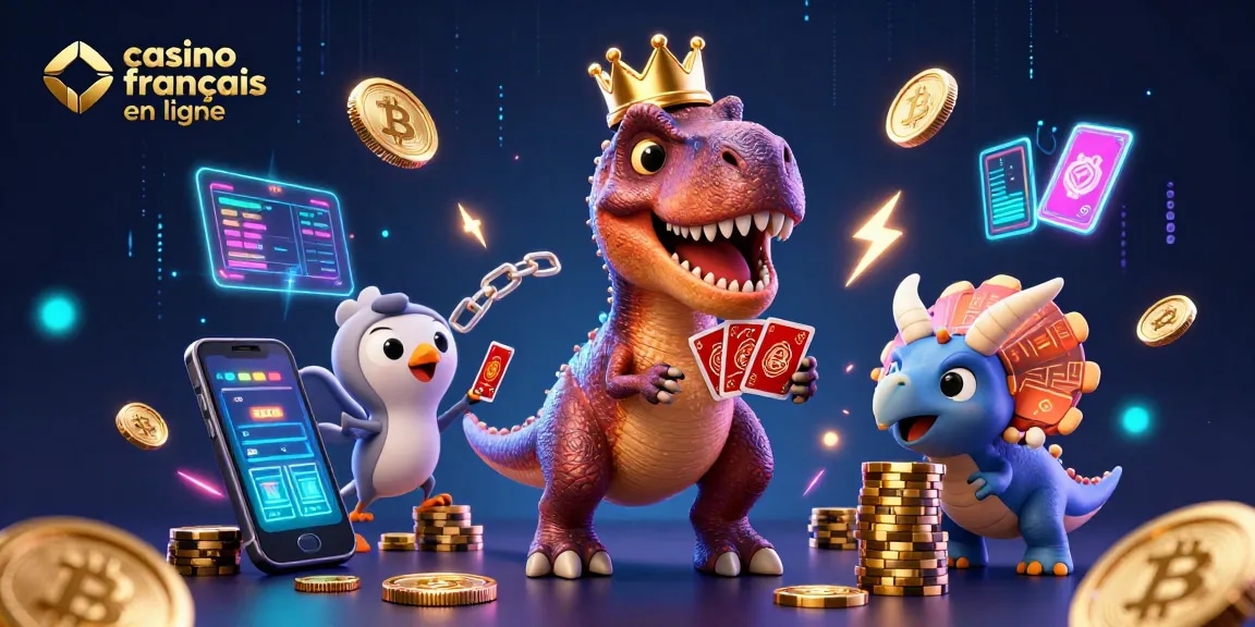 Jouez avec des amis dans un casino français en ligne avec un T-Rex ludique et des jetons d'or.