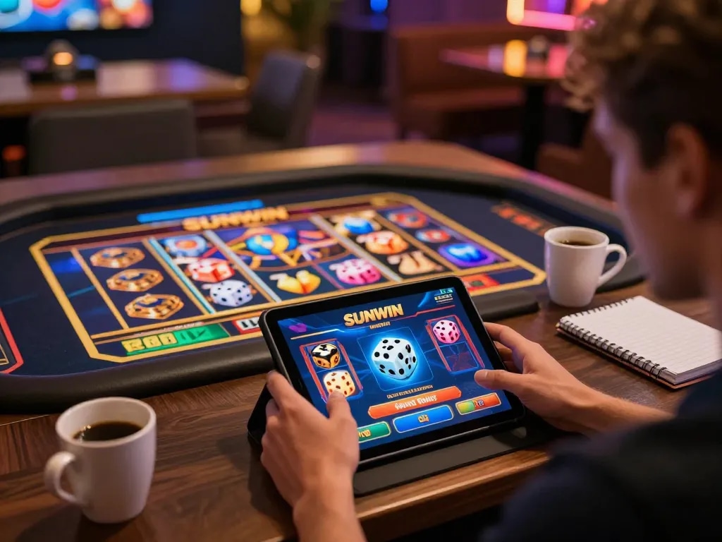 SUNWIN player enjoying online casino games, showcasing vibrant app interface and comfortable home setup.