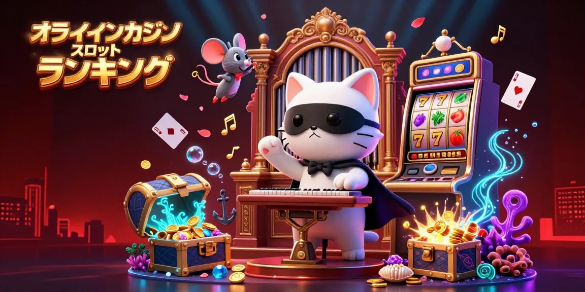オンラインカジノ スロット ランキングでスロットの楽しさを体験する、カジノの要素が満載のイラスト。