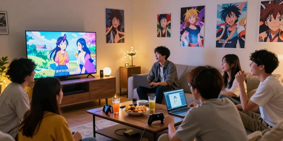 AnimePlay: Kelompok teman menikmati anime bersama di ruang tamu nyaman.