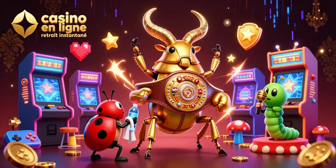 Visuel captivant de "casino en ligne retrait instantané" avec un scarabée géant dans un ring de boxe.