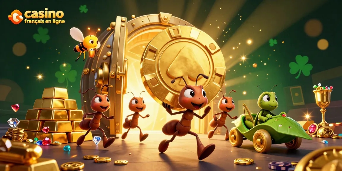 Découvrez un casino francais en ligne avec une illustration colorée d'une équipe d'ants en pleine action de vol.