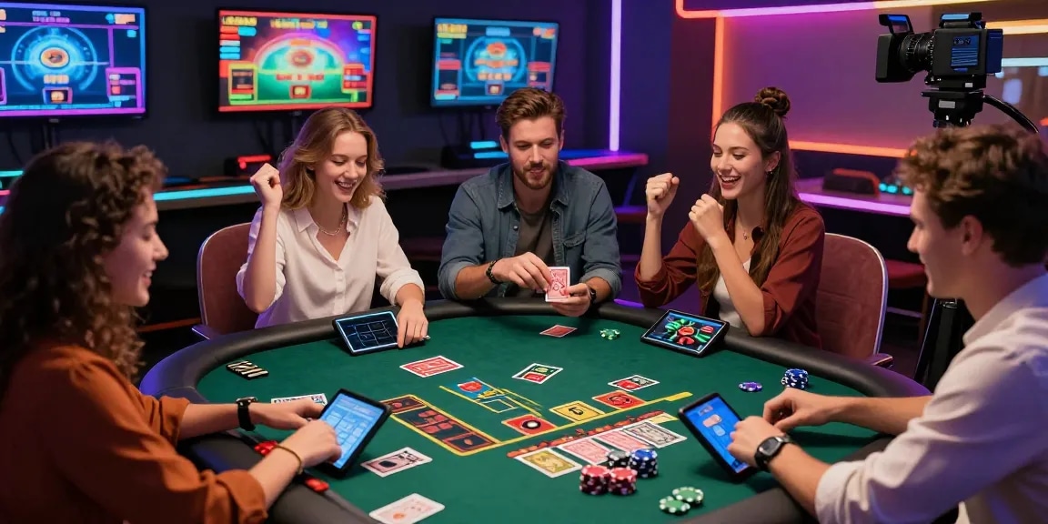 Exciting celebration at casinos that accept credit cards, showing friends at a virtual blackjack table.