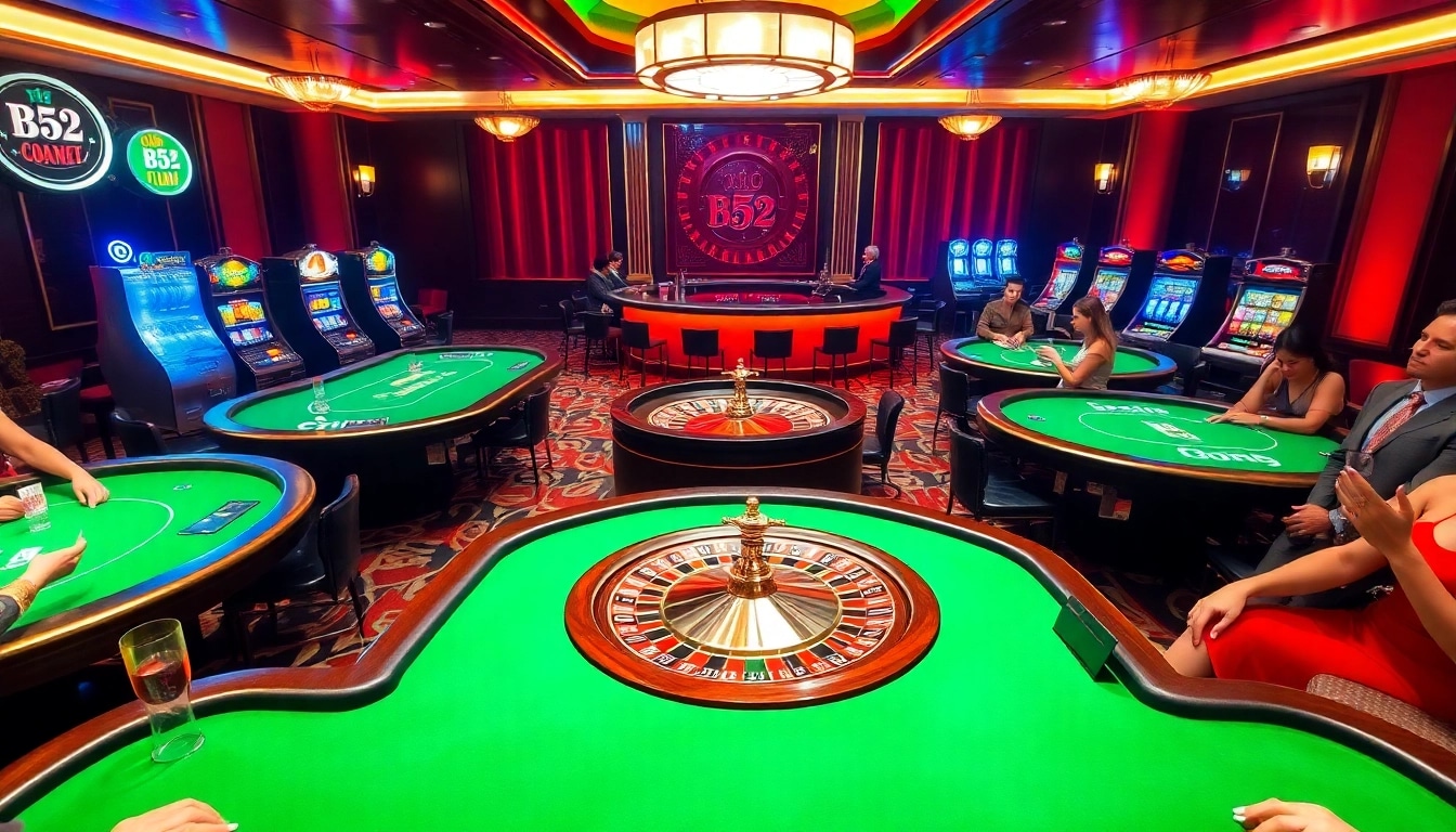 B52club casino scene with vibrant roulette wheel and players engaged at poker tables.