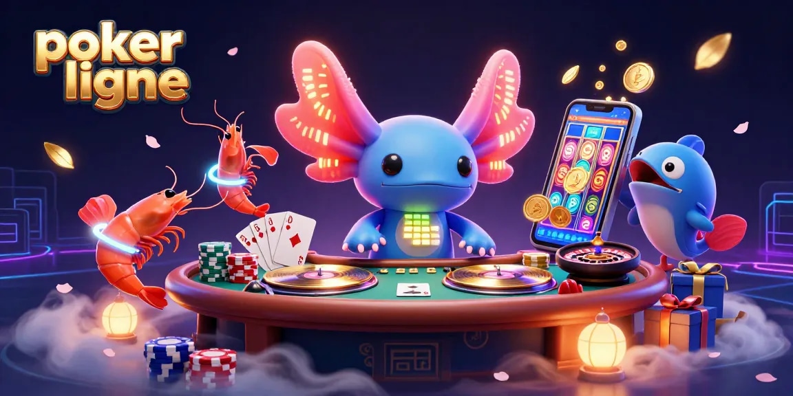 Profitez d'une ambiance de poker en ligne avec des personnages animés dans une scène colorée.