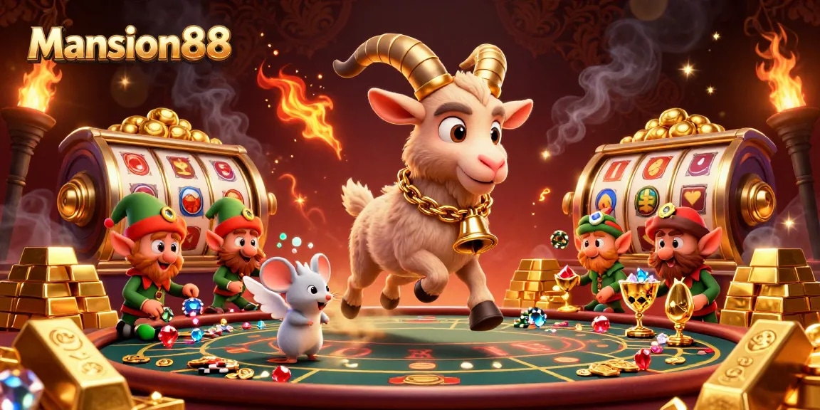 Mansion88 players enjoy a festive casino experience with a whimsical Krampus goat, tiny angel mouse, and mischievous elf gremlins.
