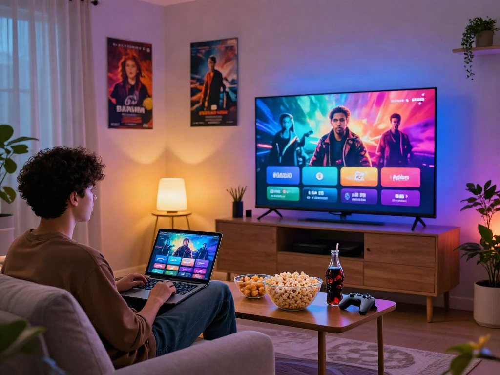 Pikashow streaming setup in a cozy living room with laptop and smart TV.
