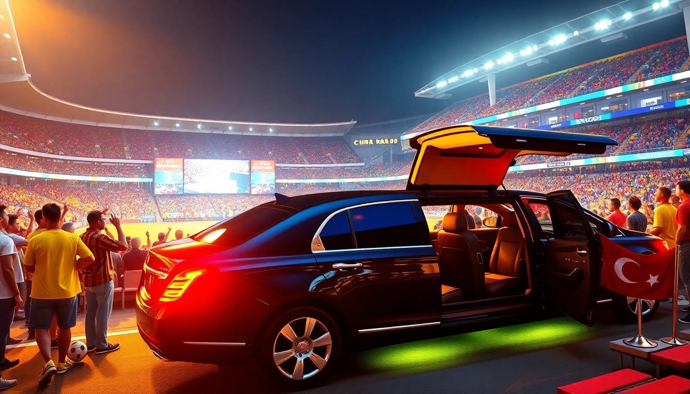 World Cup Group Transportation in a luxury limousine with excited fans awaiting their ride to the stadium.