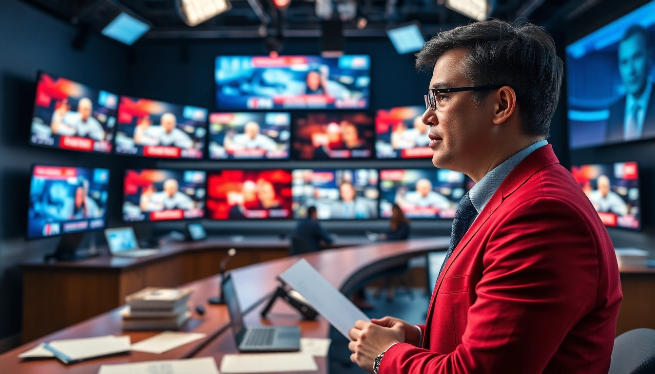 Engaging news reporter in a vibrant newsroom delivering the latest news updates.