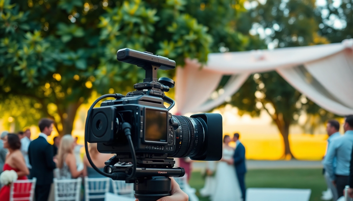 Edmonton videographer filming a romantic outdoor wedding reception with vibrant decorations.