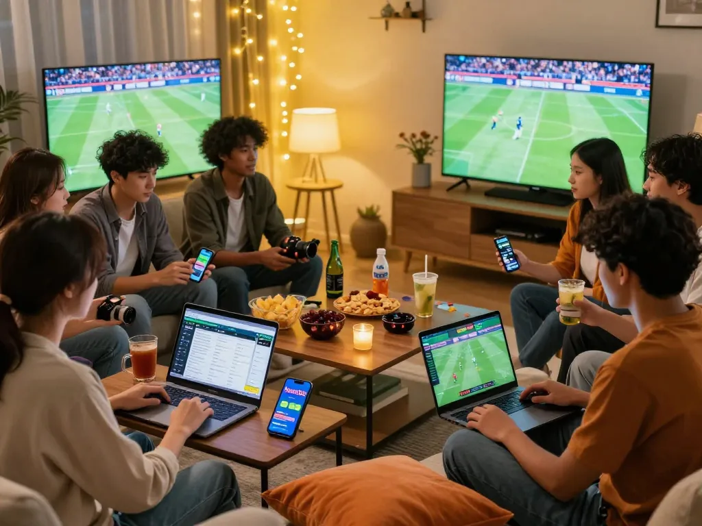 Friends engaging in gaming and betting on hubet88 in a cozy living room atmosphere, surrounded by snacks and technology.
