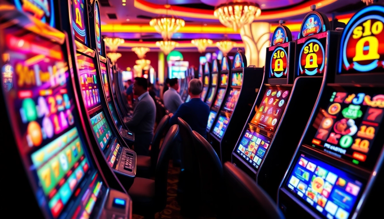Slot apk dalam suasana kasino yang meriah dengan mesin slot berwarna-warni.