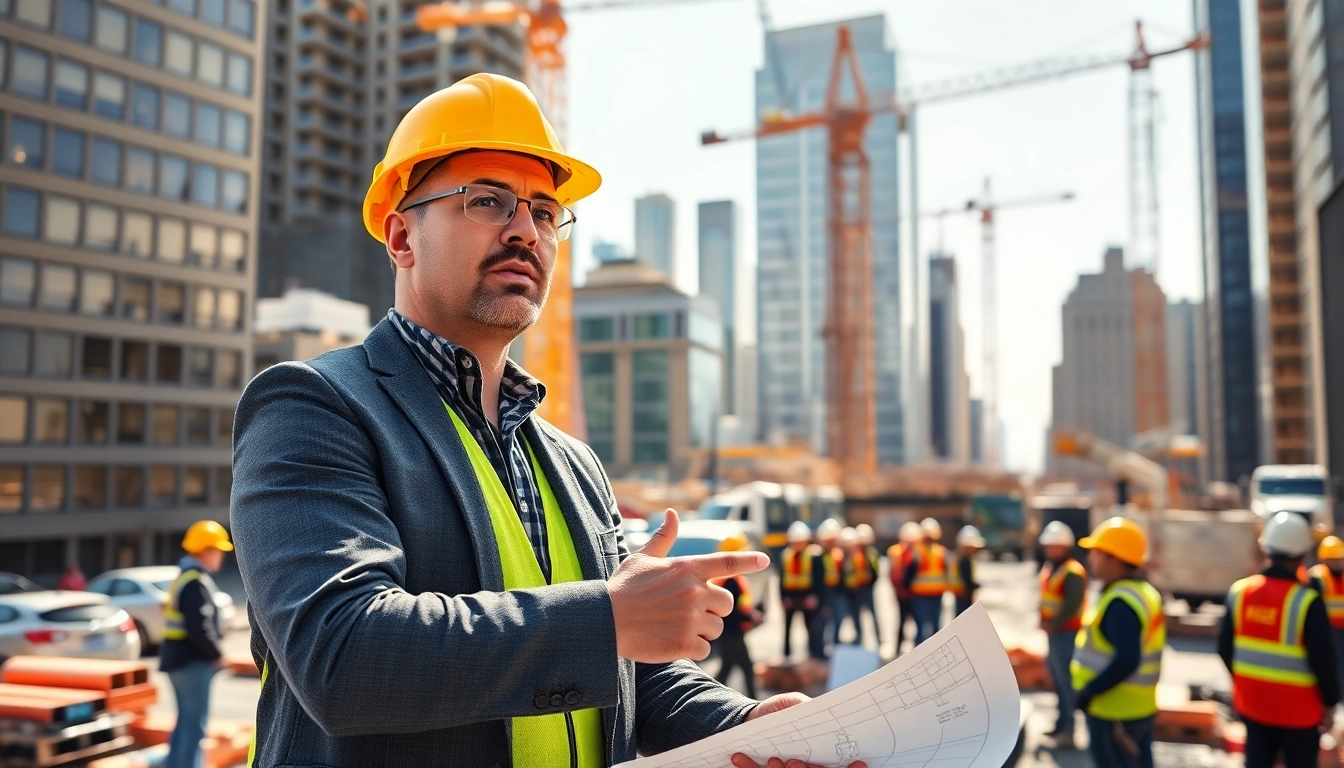 New York Construction Manager overseeing a bustling construction site with clarity and authority.