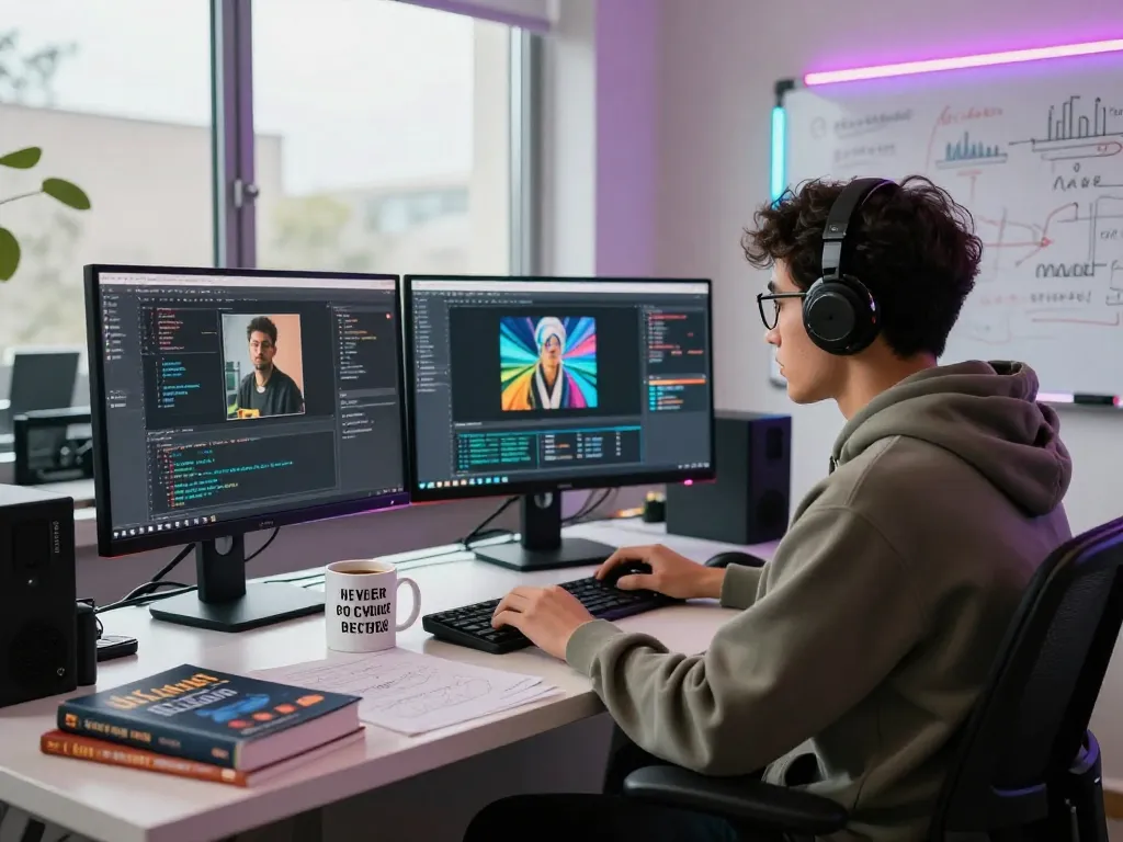 AI developer using an image to prompt tool at a creative workspace, showcasing vibrant screens and collaborative atmosphere.