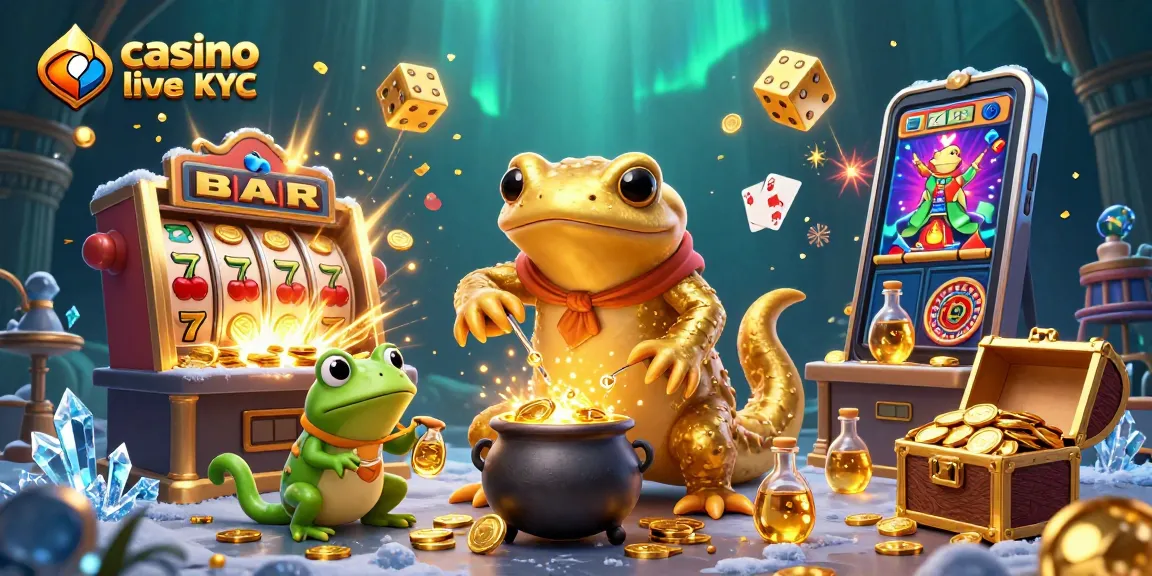 Plongée dans l'univers du casino live sans KYC avec un alchimiste aux pièces d'or et des appareils de jeu fascinants.